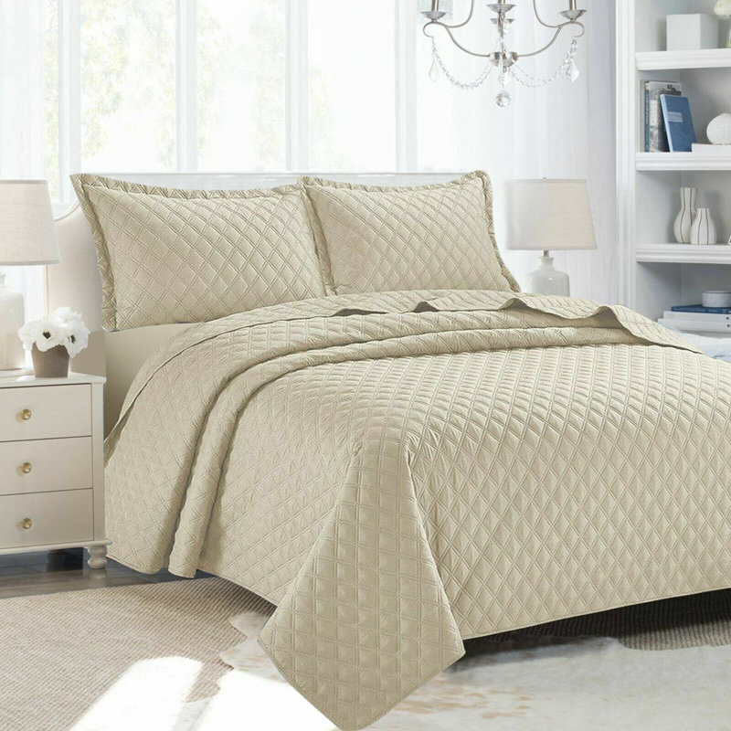 Polyester Solid Colour Bedspread with Pillow Shams Included, Beige, King Bedspread + 2 Standard Shams