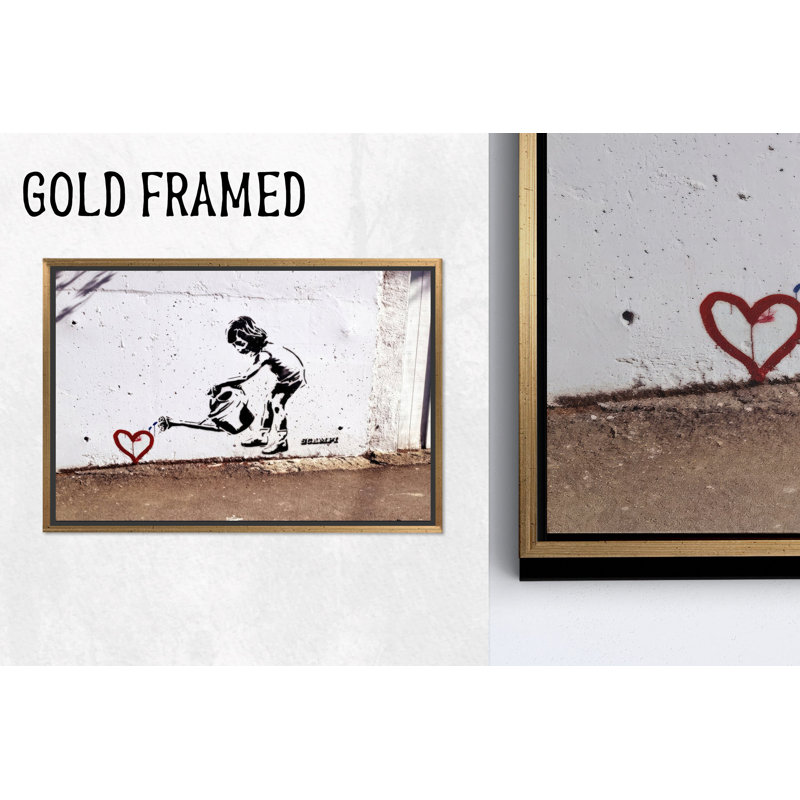 Reproduction d'art sur toile imprimée: Banksy Children Watering Heart Design, 1P GoldFramedCanves, H : 27,6 x L : 39,4 pouces