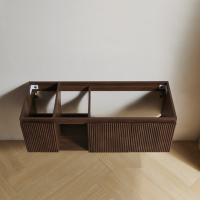 EIDEN 48" Floating Cabinet with One Striped Door and One Open Shelf, NO Basin and Top, NO Faucet and Sink Cover, Dark Walnut Woodgrain