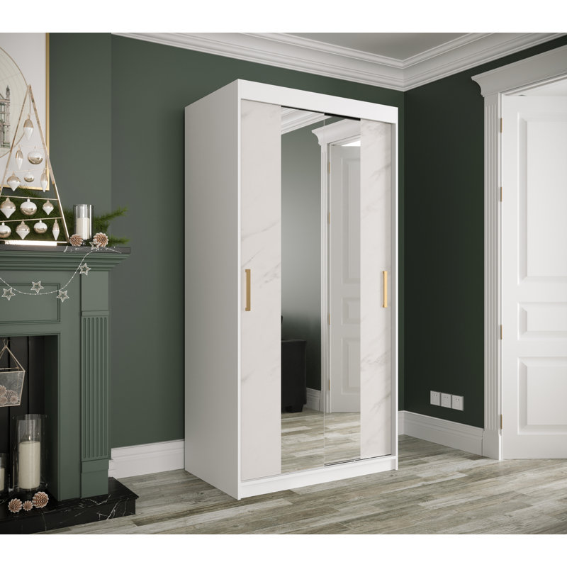 Crestone 2 Door Manufactured Wood Wardrobe, 200cm H x 100cm W x 62cm D, White Matt/White Marble
