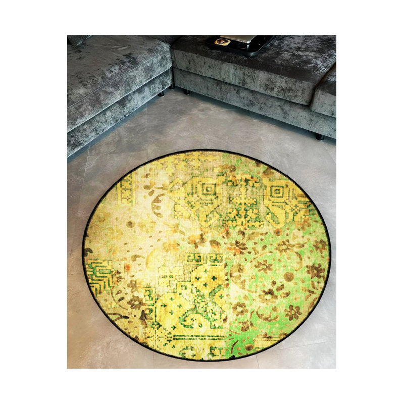 Light Green Theme Traditional Patterned Round Woven Base Vintage Decorative Carpet 6162, Round 5'