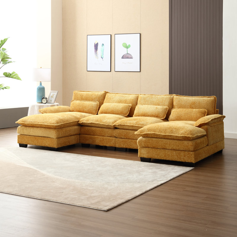 Grand canapé modulaire en U en tissu de chenille uni UNI, Boucle jaune moutarde