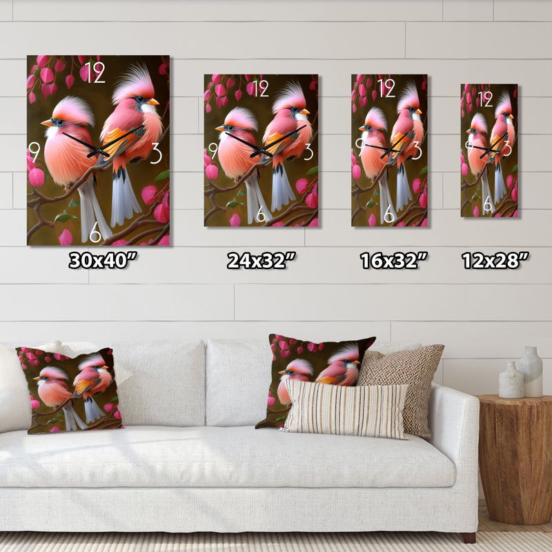 Horloge murale oiseaux cardinaux roses sur une branche I, Moyen