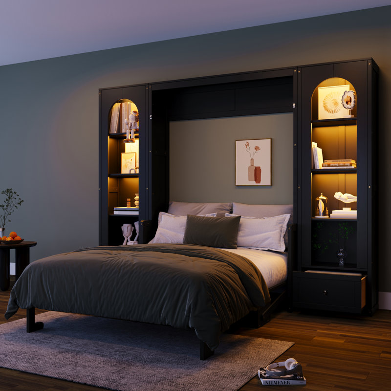 Grand lit escamotable gris avec éclairage à DEL, tablettes, armoires latérales et tiroirs, lit mural pliable pour les petits espaces