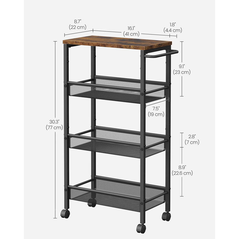 Rolling Storage Cart, Rustic Brown/Classic Black, 30.3" H x 17.9" W x 8.7" D