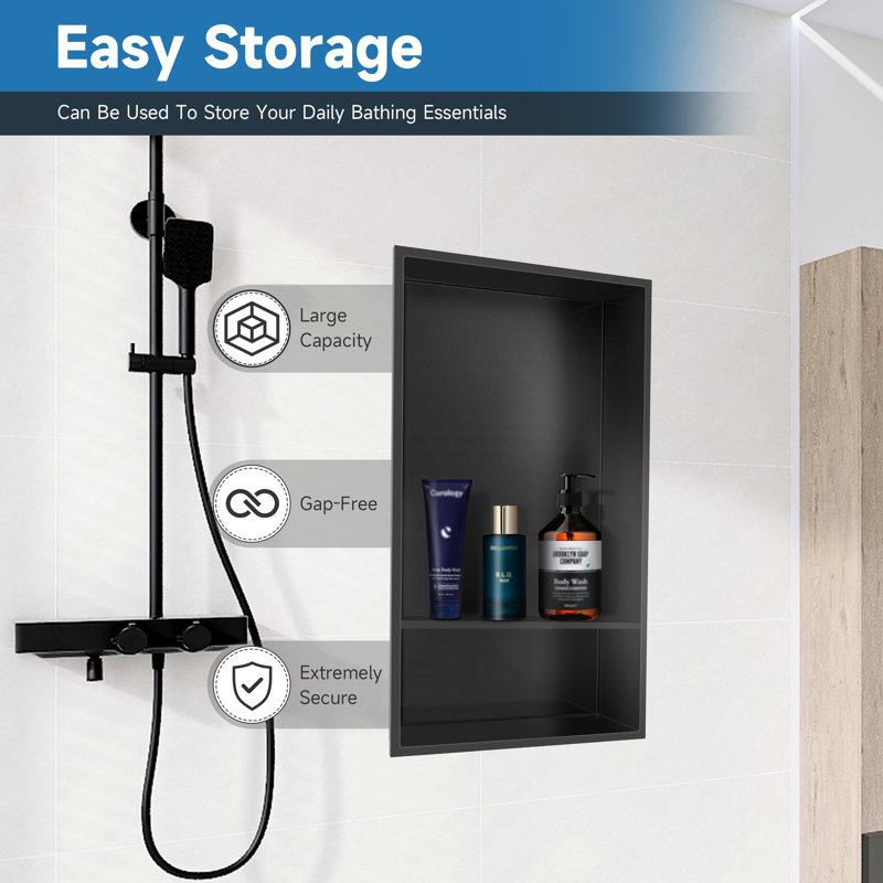 D Stainless Steel Shower Niche Recessed Niche Shower For Bathroom Storage, Matte Black