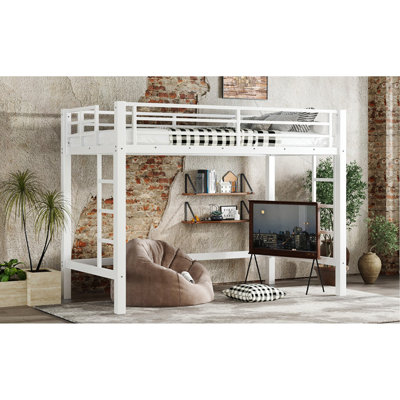Twin XL Size Metal Loft Bed, Loft Bed with Easy Climbing Ladder and Guardrails , White