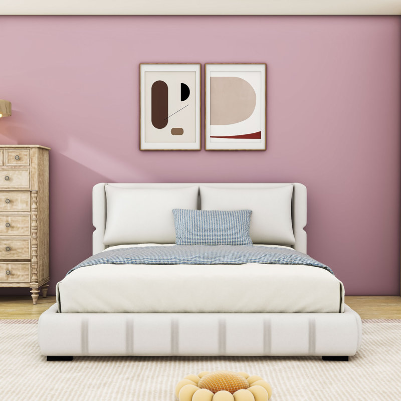 Upholstered Platform Bed with 2 Pillows, White, Queen
