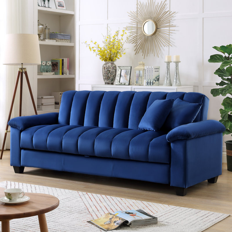 Full 82.7'' Wide Velvet Biscuit Back Convertible Sofa with Storage, Blue, 33.75" H x 82.7" W x 35.25" D