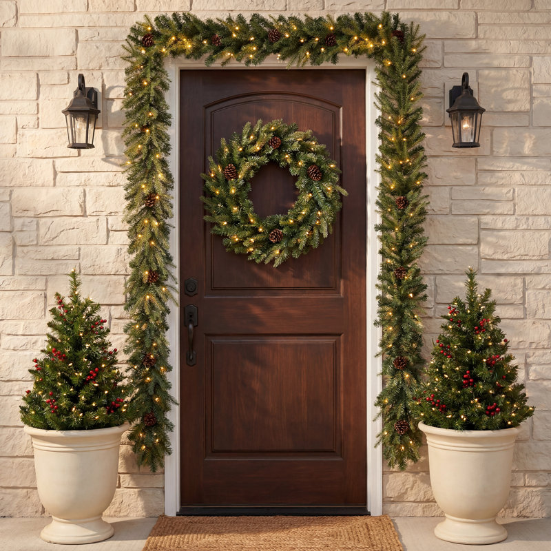 Ernberg 9ft Pre-Lit Greenery Pine Cone Christmas Garland, Warm White LED Lights with Timer, 3-Function