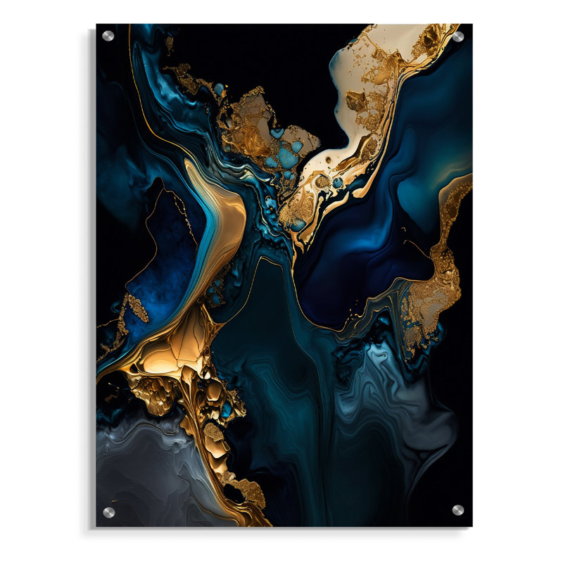 «Abstract Geode Marble Blue IV» - Art mural acrylique abstrait en marbre sur verre, H 20 po x l 12 po