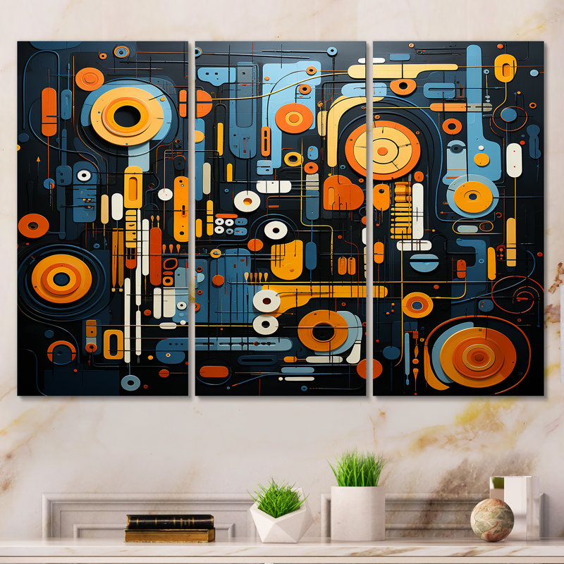 «Blue and Yellow Dynamic Abstract Shapes Fusion II», art mural abstrait, Toile tendue, H 32 po x l 48 po x P 1 po