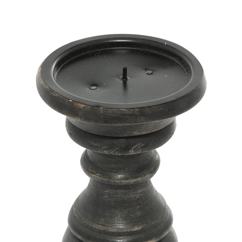 Ensemble de porte-bougies décoratifs de style pilier en bois de manguier tourné, Noir