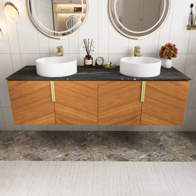 60" Wall-Mounted Plywood Bathroom Vanity In Espresso Woodgrain With 4 Doors, Black Sintered Stone Countertop And 2 White Round Ceramic Basin