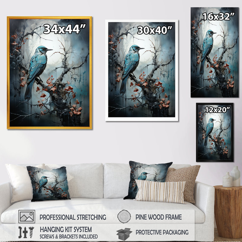 «Blue Bird Murmurs In Moonlight II», art mural oiseau, H 32 po x l 16 po x P 1 po, Cadre flottant blanc