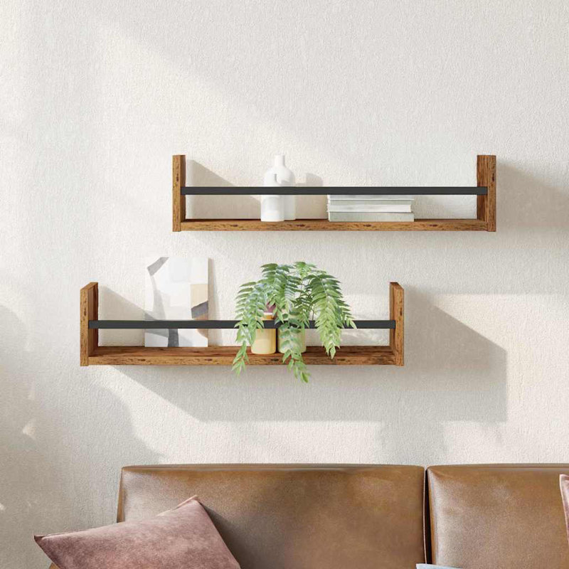 Wall Shelf 2 Pcs Engineered Wood, Old Wood, 14cm H x 60cm W x 16cm D
