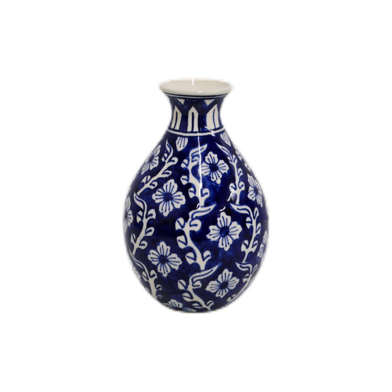 Home&Manor Ceramic Bottle Vase Blue/White, Blue/White