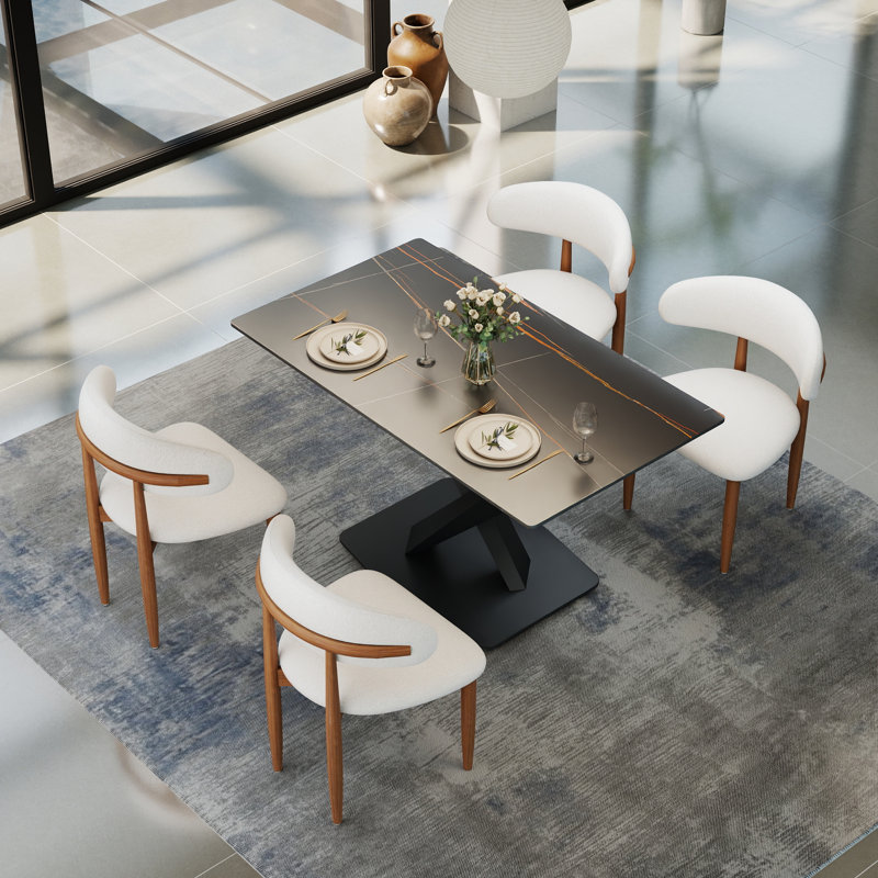 Juvan 5-Piece Modern Rectangular Dining Table Set With 4 Solid Wood Chairs, Lauren Blackgold, Brown/White