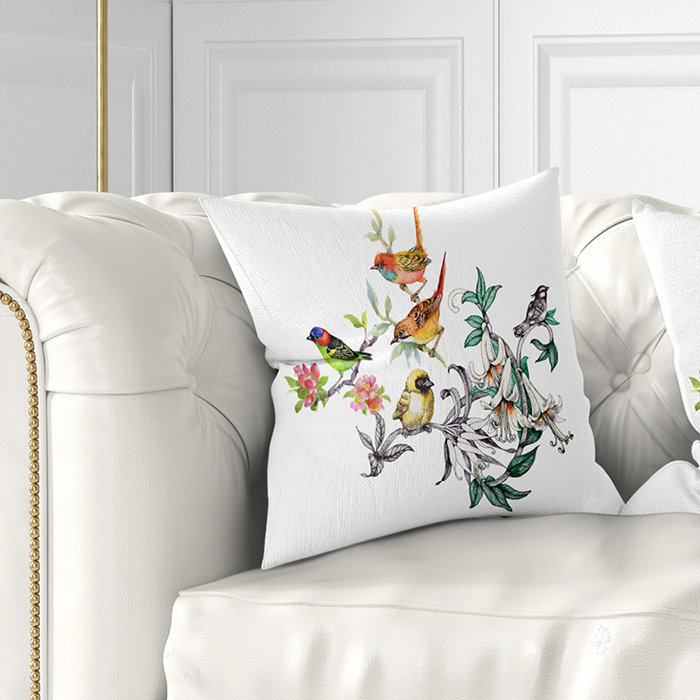 Tropical Flowers and Birds - Animal Printed Throw Pillow, Square 18" x 18"