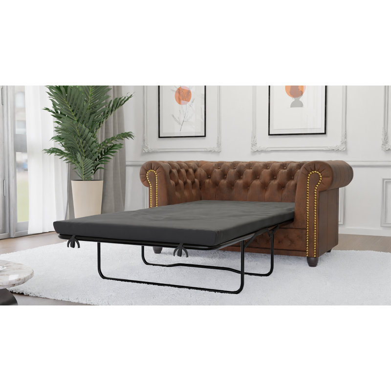 Chesterfield Friedrich 2 Seater Sofa with Sleeping Function Made of Vintage Look Microfibre with Solid Wood Legs, Brown