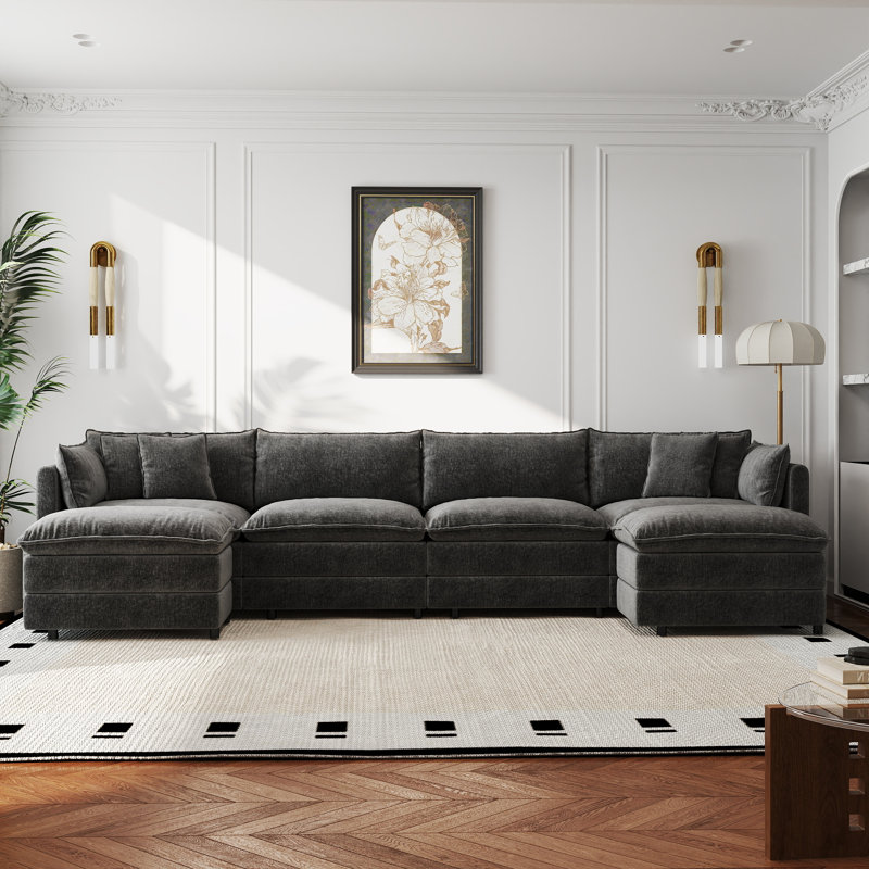 Canapé-lit en chenille moderne avec repose-pieds, Gris chenille, H 33,85 po x l 147,22 po x P 35,82 po