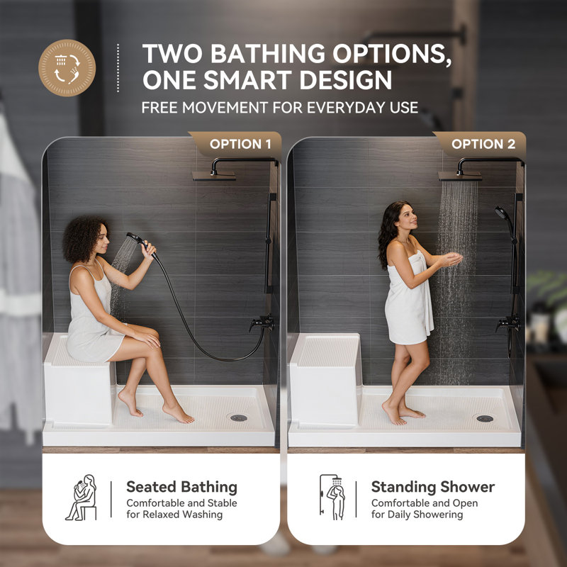 60" W X 32" D Shower Base With Seat And Drain Included, Non-slip Shower Pan, Right