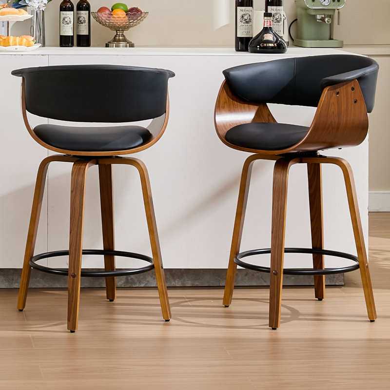 Modern Upholstered 26'' Swivel Wood Counter Stools, Black, Counter Stool (26” Seat Height)