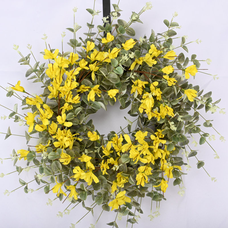 26" Eucalyptus Blossoms Cluster Floral Wreath for Front Door, Yellow