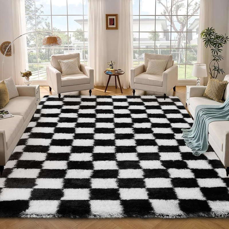 2x6 Runner Rug - Machine Washable, Non-Slip, Stain-Resistant Checkerboard Plush Carpet for Hallways, Entryways, Bedrooms (Navy Blue)