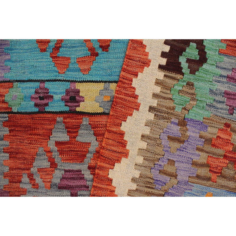Tapis géométrique bleu / rouille / mauve en laine noué à la main à motif géométrique 8 pi 5 po x 11 pi 5 po Cedorah