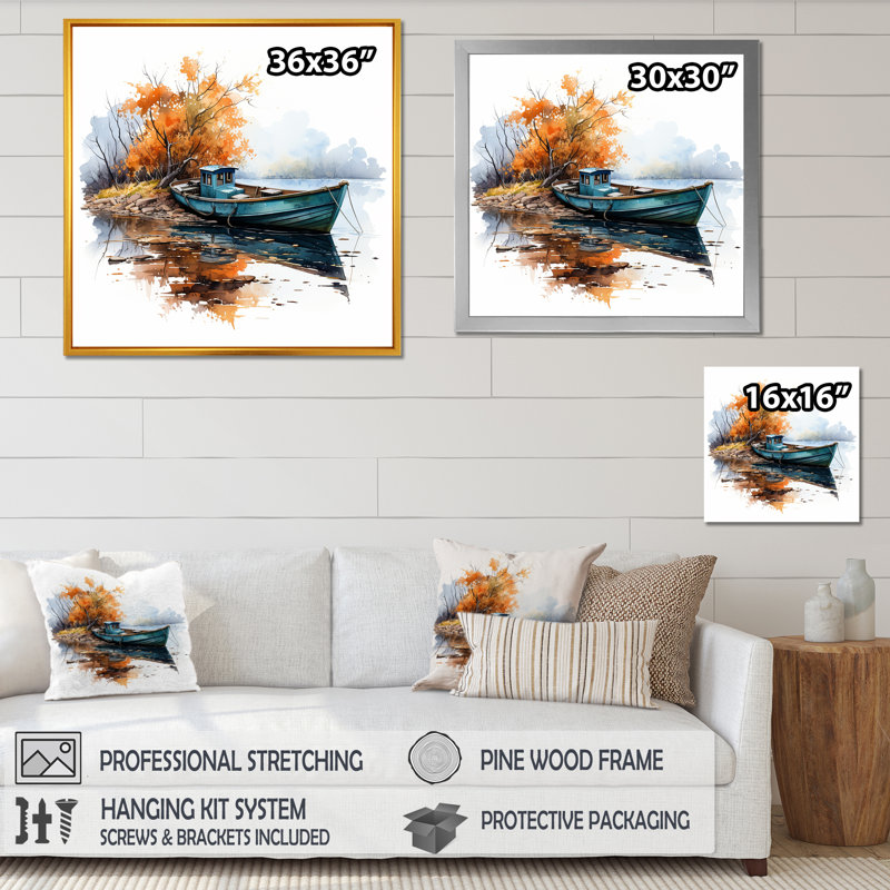 «Autumn Tranquility Canoe By The Lake II», bateau de pêche, art mural, Toile tendue, 16" H x 16" W
