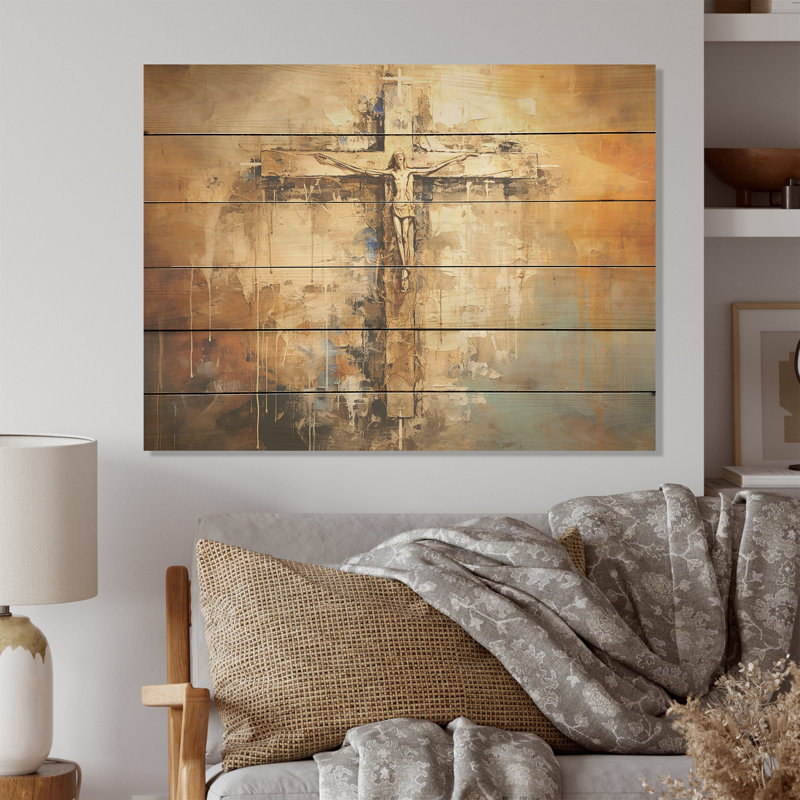 Gold Religious Minimalism Cross I - Religious Landscape Wood Art On Natural Pine Wood, 24" H x 32" W