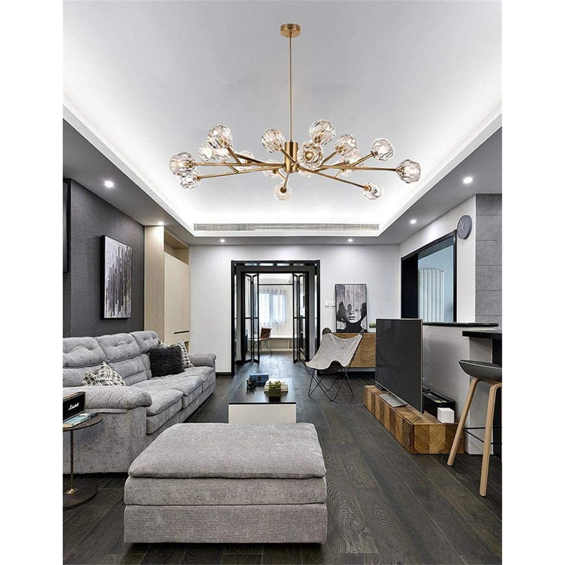 Lustre linéaire moderne à 18 lumières avec accents de cristal Spoutnik, Doré