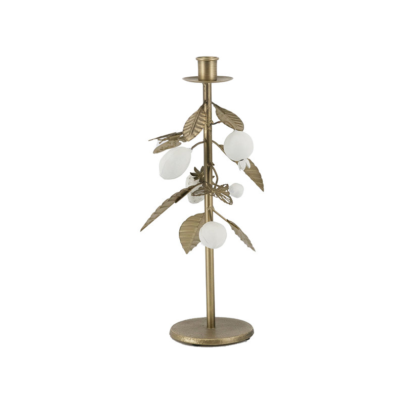 6.5X5.5X13" Iron Candle Holder With Gold Botanical Design And White Resin Berry Accents, 13" H x 6.5" W x 5.3" D