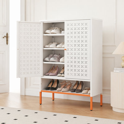 Grid double door shoe cabinet, three adjustable compartments for flexible storage, suspended hollow shoe changing compartment, bottom 15cm moisture-proof high foot design