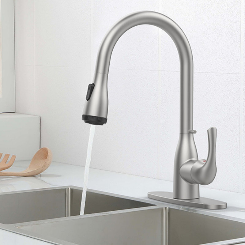 Robinet de cuisine avec douchette rétractable et 4 modes de pulvérisation en nickel brossé pour robinet de cuisine commercial à 1 ou 3 trous avec boucle verrouillable pour éviers de bar