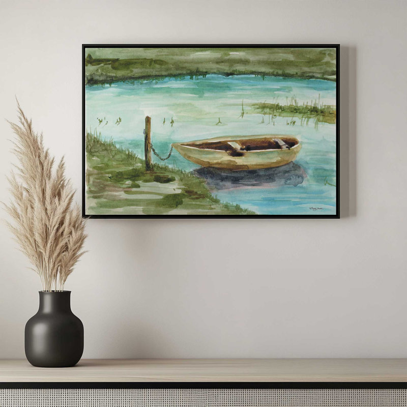 «Lone Canoe» par Molly Mattin, reproduction d'art, H 21,5 po x l 31,5 po, Brun, Toile avec cadre