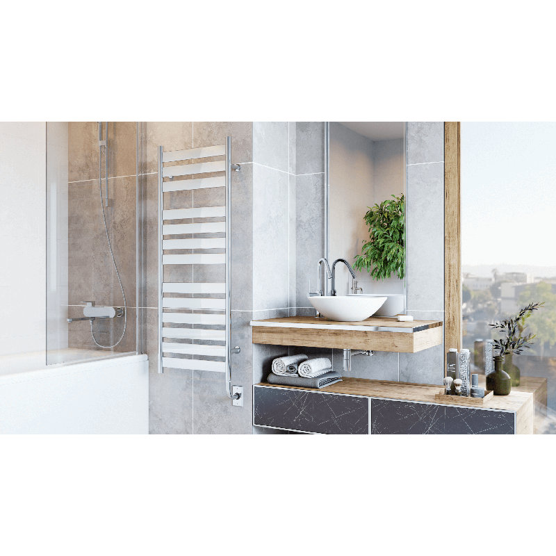 Chauffe-serviettes électrique câblé mural 19,5 po x 37 po Romano - noir mat, rempli de liquide, comprend un interrupteur intelligent programmable, garantie à vie