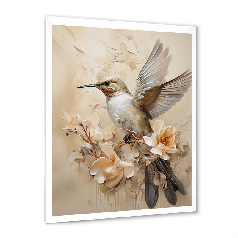 Colibri floral flottant I - Art mural colibri pour le salon, Cadre simple blanc, H 20 po x l 12 po x P 1 po