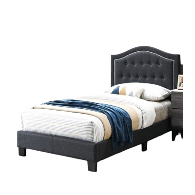 Twin Size European Bed Frame With Button Headboard And Middle Support Legs Factor Style Charcoal Burlap