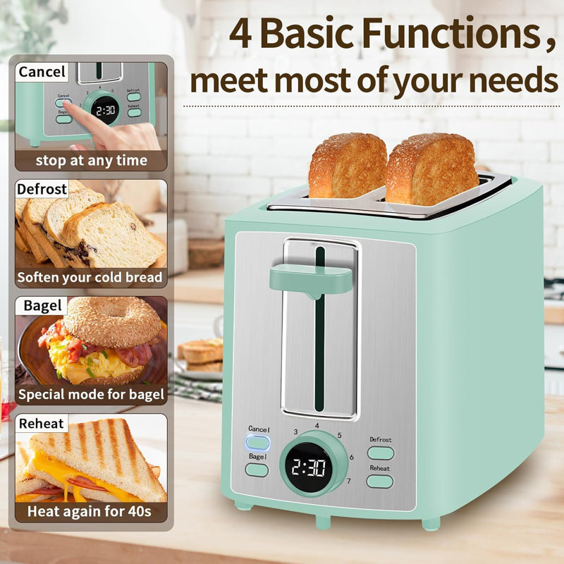 Toaster 2 Slice, Bread Toaster with LCD Display, 7 Shade Settings, 1.４'' Wide Slots 900W, Blue