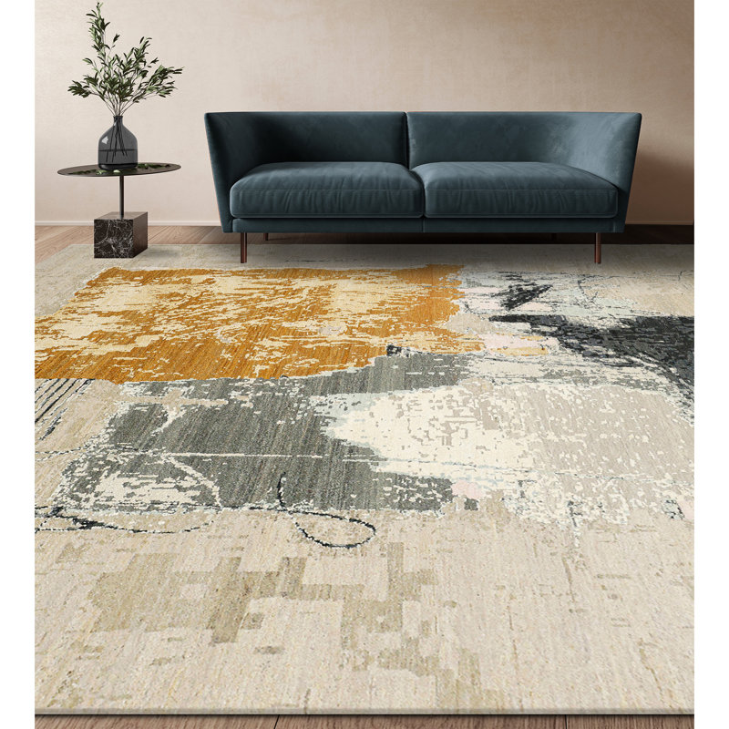 Hand Knotted Abstract Area Rug in Beige/Charcoal/Yellow, Rectangle 8' x 10'