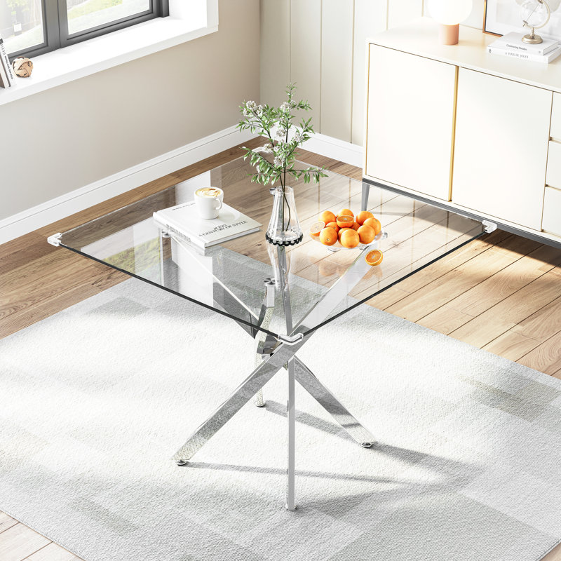 Glass Top Metal Base Dining Table, Silver