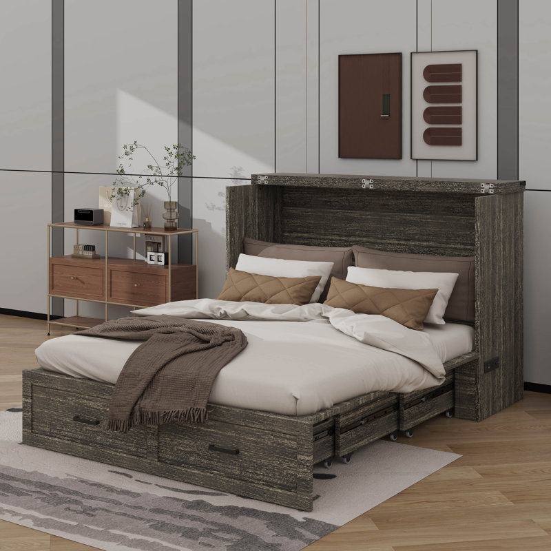 Armoire murale escamotable avec plaque de charge intégrée, lit pliable polyvalent avec 1 grand tiroir de rangement, Double