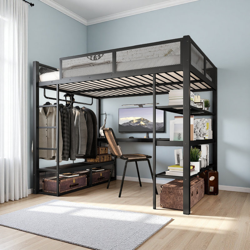 Queen Size Loft Bed With Storage Shelves