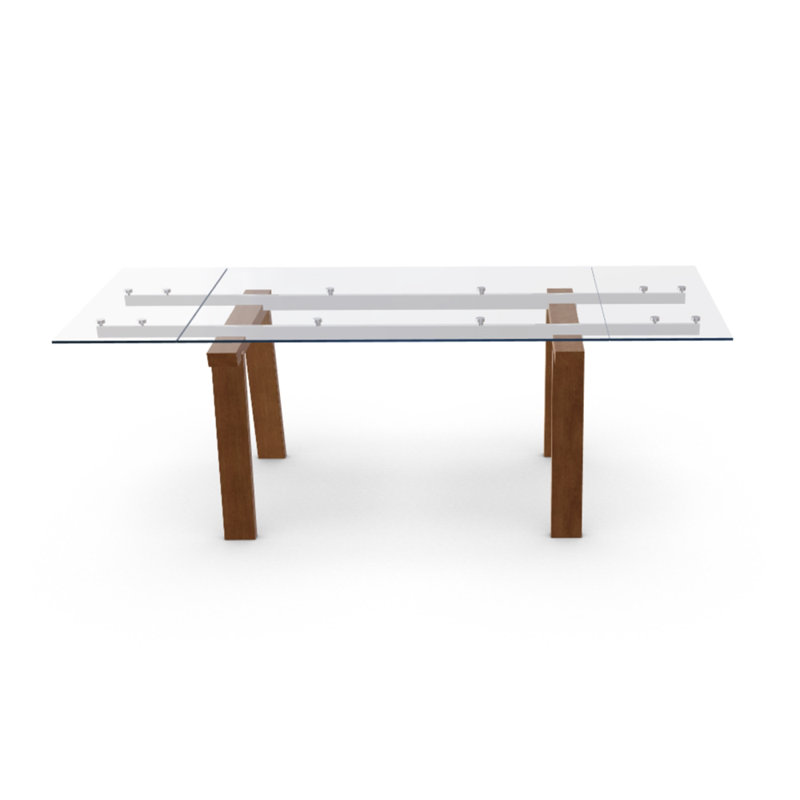 Levante Glass Extendable Table with Wooden Legs, 30"H x 55.13"L x 35.5"W, Clear/Black