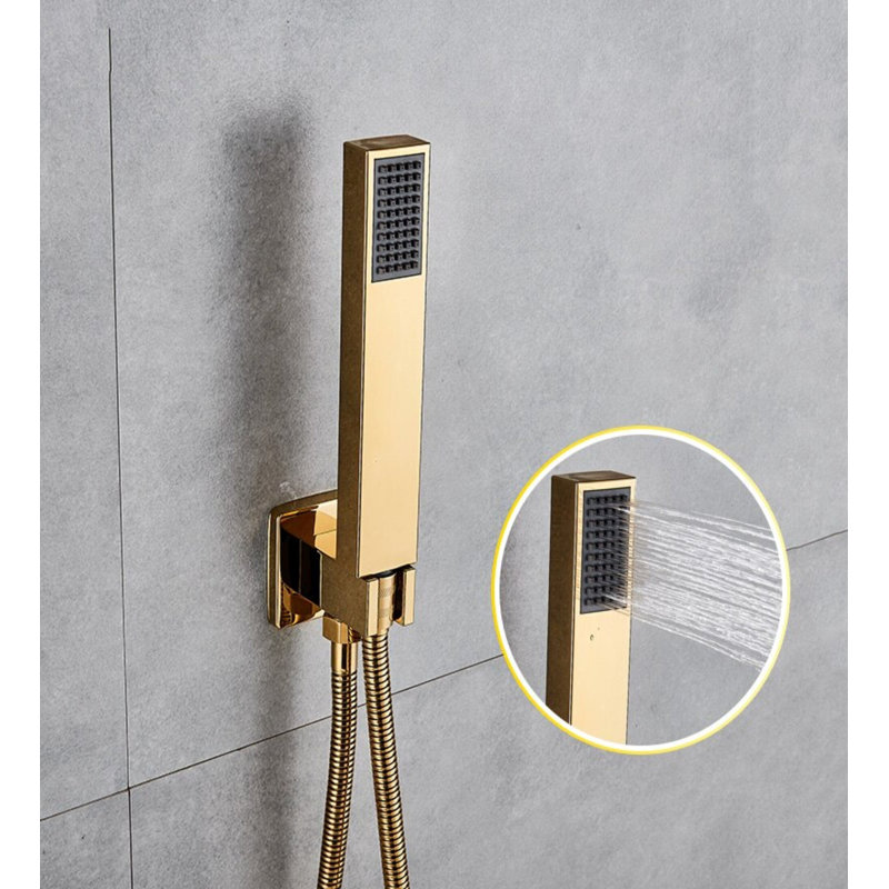 Système de douche thermostatique 12 po à tête de pluie carrée et polie dorée avec valve brute