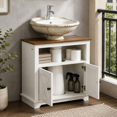 White Bathroom Sink Cabinet with Storage Shelves, Modern Farmhouse Style