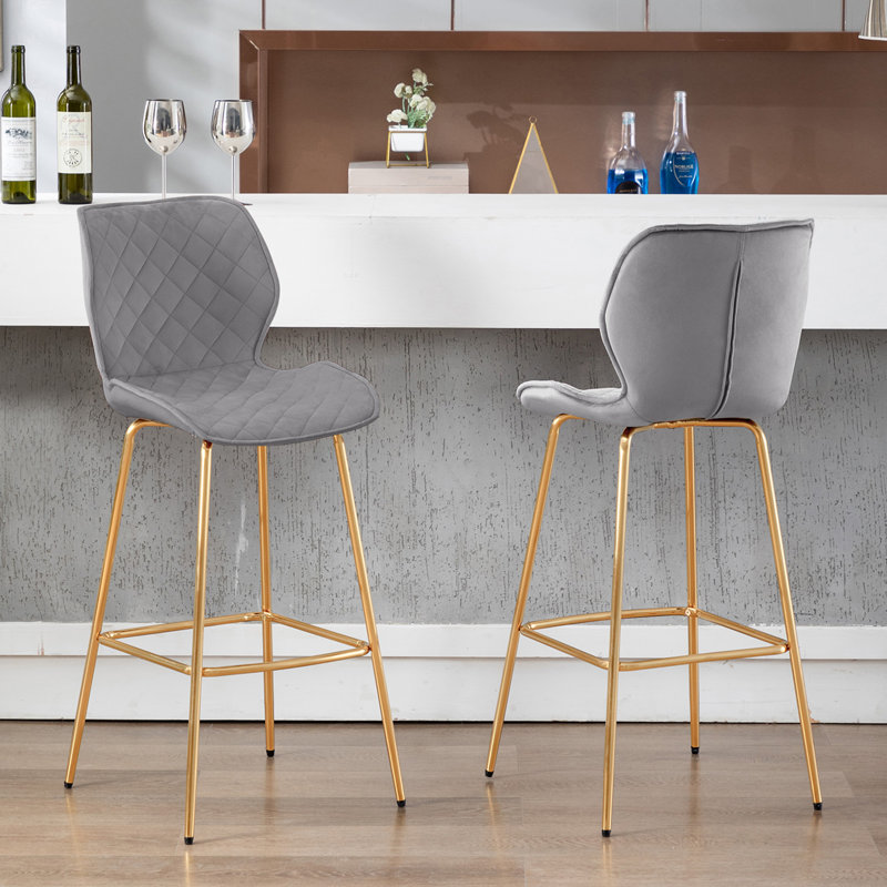 Hulda Ergonomic Bar Stools with Padded Seats and Stylish Gold Legs, Gray, Bar Stool (30” Seat Height)