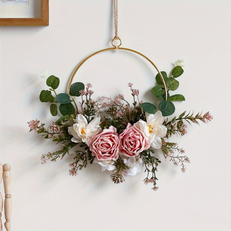 Couronne florale à motif floral avec roses camélia, verdure en plastique